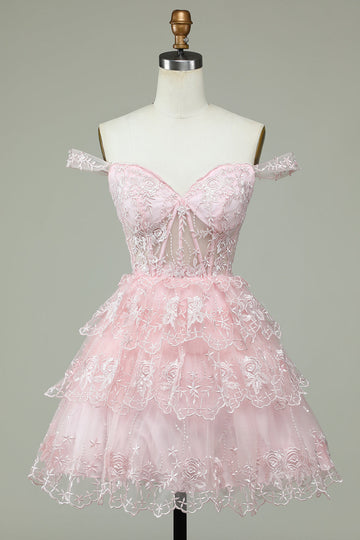 Vestido de Cóctel Rosa Encaje Fuera del Hombro
